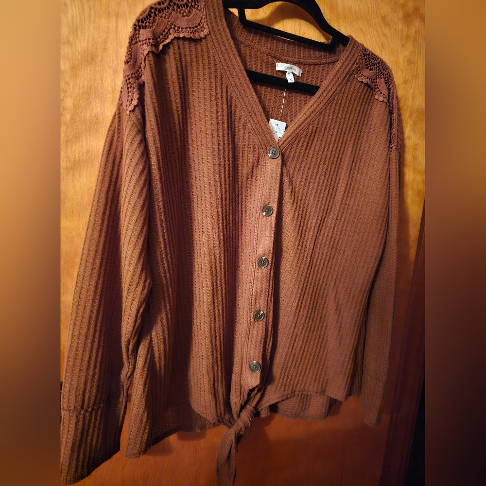 Maurices Brown Button-Up Blouse with Lace Detail